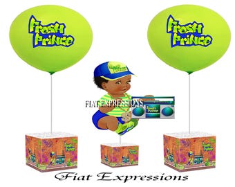 Fresh Prince Sitting Baby Shower Centerpiece and Sigle Balloon, Blue Green & Orange