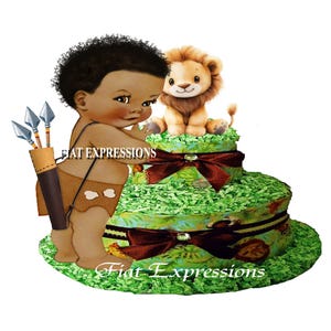 Safari Boy Diaper Cake, Lion Diaper Cake, Jungle Green Diaper Cake, 2 Tier Diaper Cake, Safari Baby Shower Centerpiece and Gift