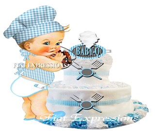 Baby-Q Boy Blue 2 Tier Diaper Cake and Baby-Q Baby Shower Centerpiece & Gift