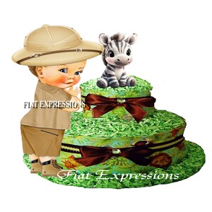Safari Baby Boy Diaper Cake, Zebra Diaper Cake, Jungle Green Diaper Cake, 2 Tier Diaper Cake, Safari Baby Shower Centerpiece and Gift