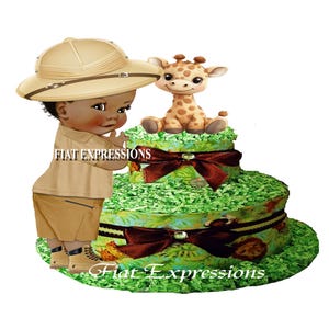 Safari Baby Boy Diaper Cake, Giraffe Diaper Cake, Jungle Green Diaper Cake, 2 Tier Diaper Cake, Safari Baby Shower Centerpiece and Gift