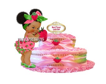 Strawberry Girl Pink and Green Diaper Cake, 2 Tier Diaper Cake, Strawberry Baby Shower Centerpiece and Gift