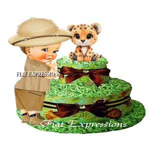 Safari Baby Boy Diaper Cake, Cheetah Diaper Cake, Jungle Green Diaper Cake, 2 Tier Diaper Cake, Safari Baby Shower Centerpiece and Gift