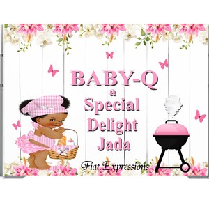 Baby-Q Baby Shower Backdrop with Flowers, Baby-Q Baby Shower Poster, Baby-Q Baby shower Sign, Baby-Q Baby Shower Photo Prop Digital File