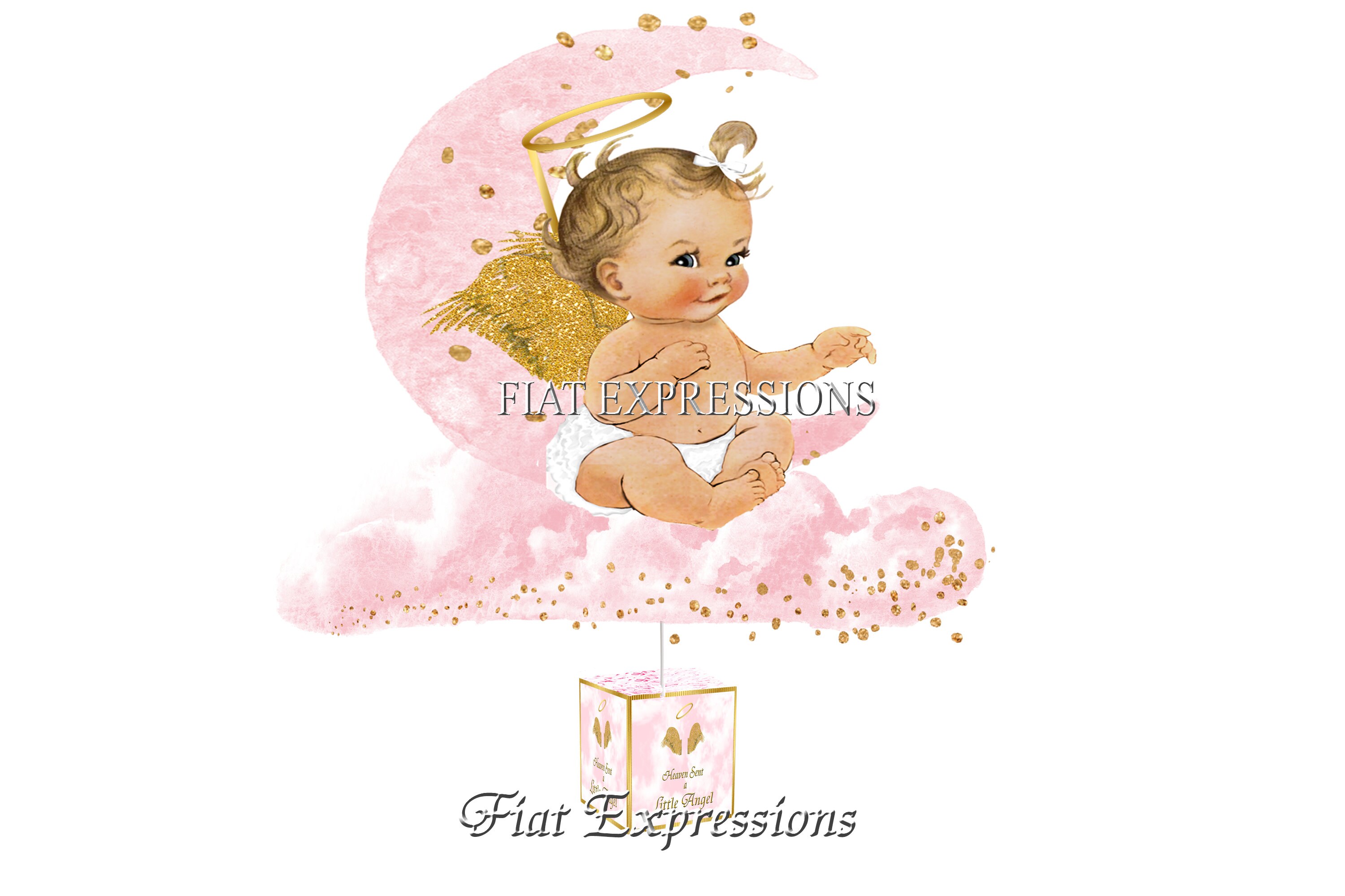 Heaven Sent Angel Girl on Moon & Cloud Pink and Gold Baby Shower Centerpiece Decorations