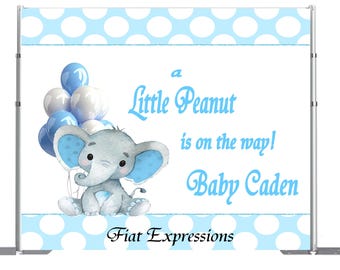 Fondo de elefante azul y blanco con lunares y globos para baby shower, archivo digital