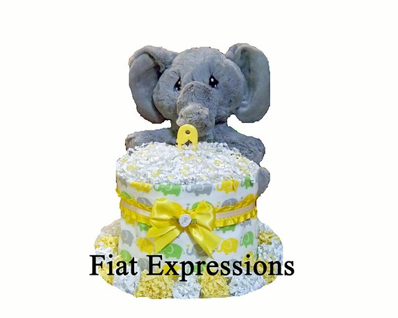 Elephant Baby Neutral Yellow Mini Diaper Cake, Elephant Girl or Boy Mini Diaper Cake, Elephant Baby Shower Centerpiece & Gift Il_570xn