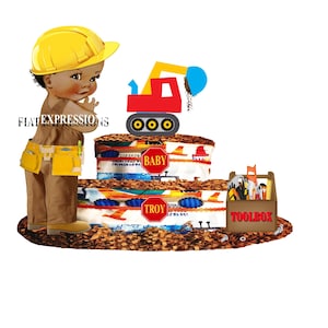 Construction with Bulldozer Diaper Cake, 2 Tier Diaper Cake, Construction Baby Shower Centerpiece & Gift