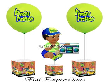 Fresh Prince Sitting Baby Shower Centerpiece and Sigle Balloon, Blue Green & Orange