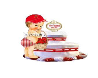 Strawberry Boy & Basket Red 2 Tier Diaper Cake, Strawberry Baby Shower Centerpiece and Gift