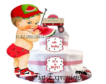 Watermelon Baby Boy Red & White 2 Tier Diaper Cake Baby Shower Centerpiece and Gift