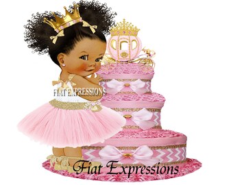 Princess Pink Gold 3 Tier Diaper Cake with Pink Carriage and Princess Baby Shower Gift and Centerpiece