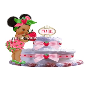 Strawberry Pink & Green Diaper Cake, 2 Tier Diaper Cake, Strawberry Baby Shower Centerpiece and Gift