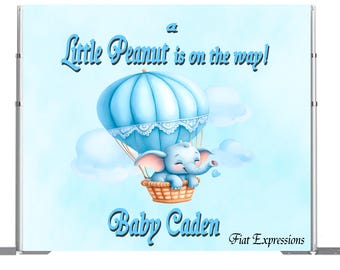 Fondo de baby shower con elefante en globo aerostático, archivo digital