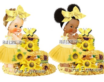 Sunflower Baby Girl 2 Tier Yellow Diaper Cake and Baby Shower Centerpiece & Gift