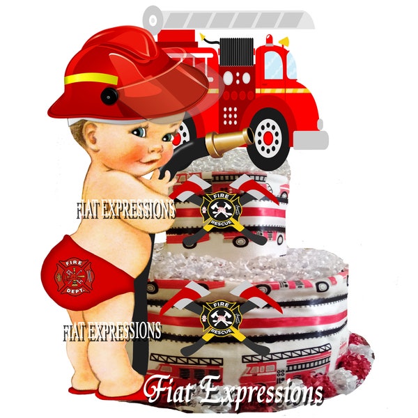 Fire Truck 2 Tier Diaper Cake Firefighter Diaper Cake Fireman Diaper Cake Baby Shower Centerpiece &Gift