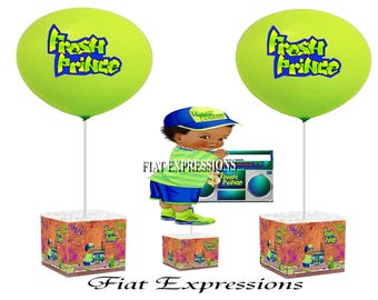 Fresh Prince Baby Shower Centerpiece and Sigle Balloon, Blue Green & Orange