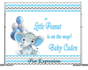 Fondo de baby shower con elefante azul y gris y globos, archivo digital