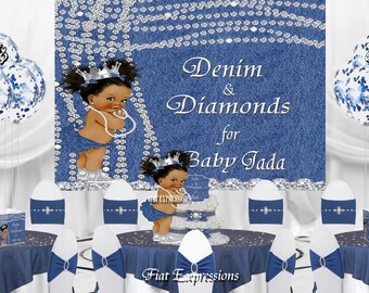 Denim and Diamonds Girl Blue Silver 2 Tier Diaper Cake with Balloon Bouquets & Prince Backdrop Baby Shower Decoration Kit