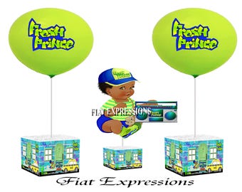 Fresh Prince Sitting Baby Shower Centerpiece and Single Balloon, Blue Green & Taxi