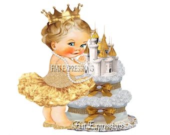 Princess Gold & White Diaper Cake Baby Shower Gift and Centerpiece