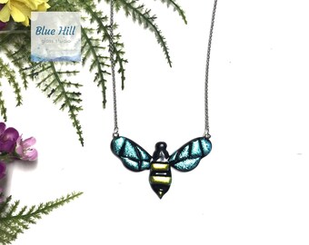 Bee Dichroic Fused Glass Pendant with Stainless Steel Necklace - Bee Gift - Teacher Gift - Mosaic Bee -  Mother’s Day Gift