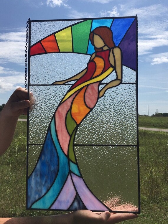 Rainbow Art Deco Stained Glass Lady Window Panel Gift For - Stained Glass Window Panels Art Deco Rainbow Art Deco Stained Glass Lady Window Panel Gift For - Stained Glass Window Panels Art Deco