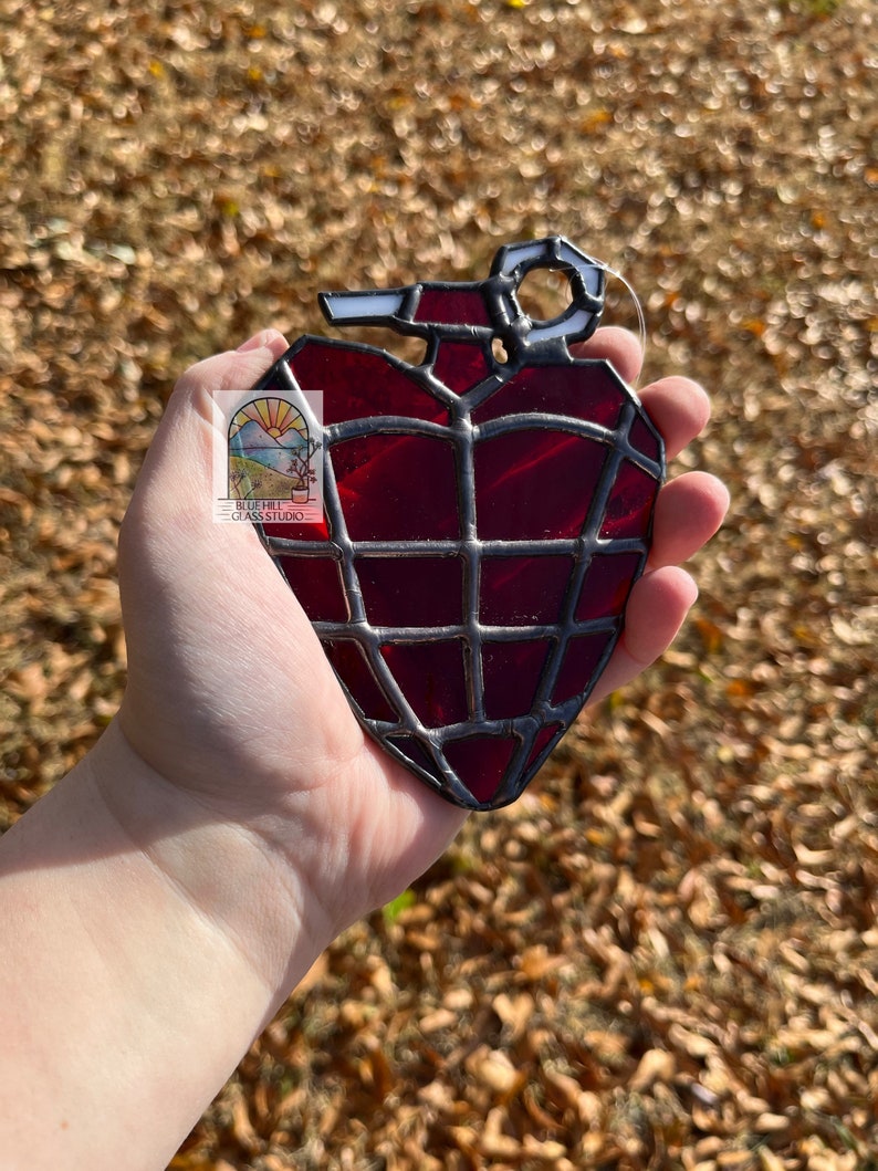 Green Day Stained Glass Grenade Heart Sun catcher , American Idiot Album Inspired Fan Art , Valentine's Day Gift , Green Day Fan image 3