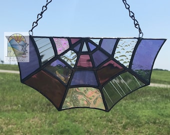 Spider Web Stained Glass Sun Catcher in Purple, Grays, and Clear Texture Glass - Halloween Home Decor