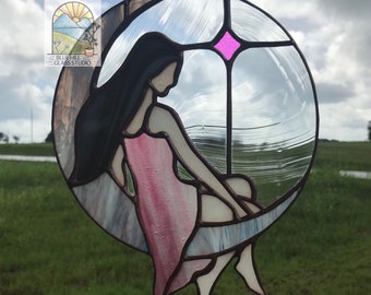 Lady in the Moon Stained Glass Sun Catcher - Crescent Moon - Magical - Witch Art - Celestial - Moon and Stars - Woman Moon Art - Mother