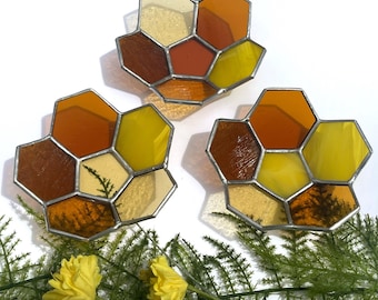 Honeycomb Stained Glass Candle Holder - Honeycomb Bowl - Honeycomb Trinket Dish - 3D Stained Glass - Honeycomb Bee Gift for a Friend