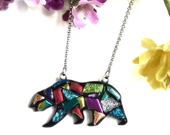 Bear Dichroic Fused Glass Pendant with Stainless Steel Necklace - Colorful - Mama Bear Gift - Mosaic Bear -  Mother’s Day Gift