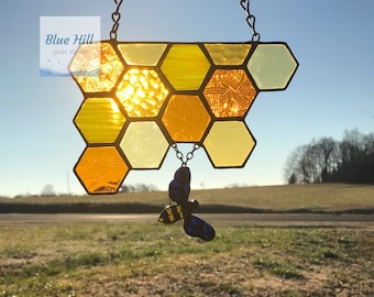 Honeycomb Stained Glass Suncatcher with Dichroic Fused Glass Bee - Teacher Gift - Beekeeper Gift - Glass Bee - Bee Suncatcher - Gift for Mom