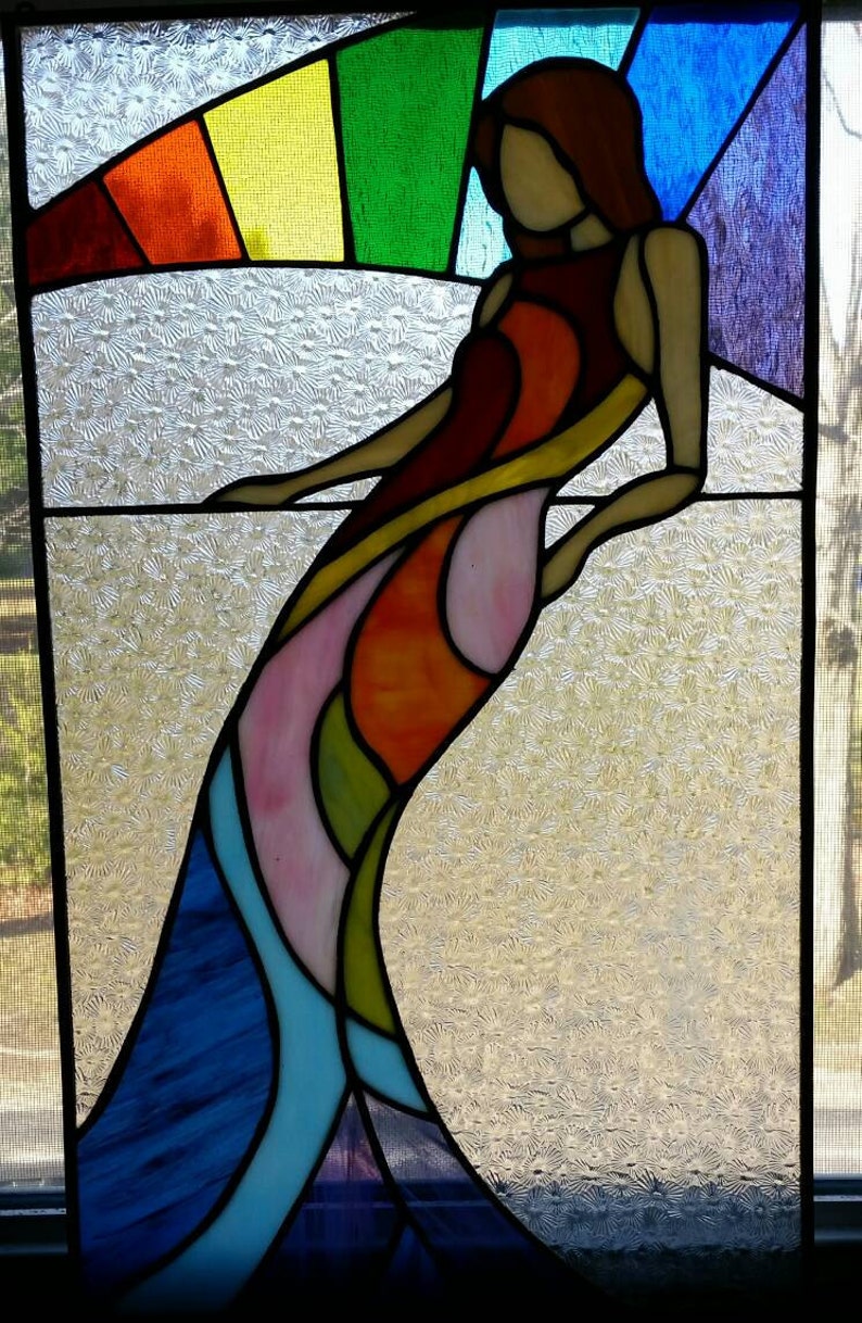 Rainbow Art Deco Stained Glass Lady Window Panel Gift for | Etsy