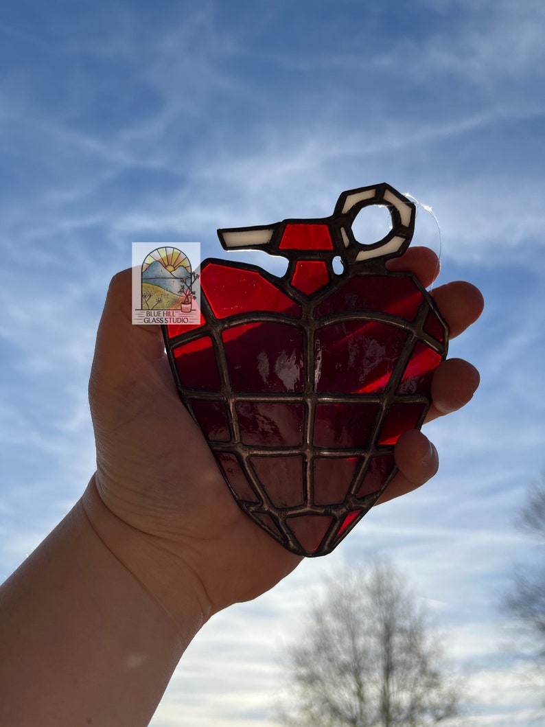 Green Day Stained Glass Grenade Heart Sun catcher , American Idiot Album Inspired Fan Art , Valentine's Day Gift , Green Day Fan image 2