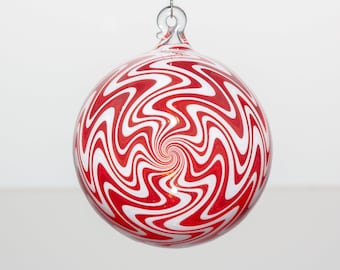Hand Blown Off Axis Red and White Wig Wag Ornament