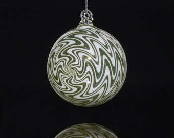 Hand Blown Off Axis Green and White Wig Wag Ornament