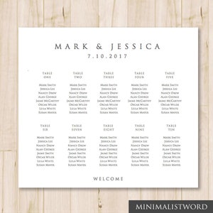 May include: A wedding seating chart with the names Mark & Jessica and the date 7.10.2017. The chart lists ten tables with guest names at each table.