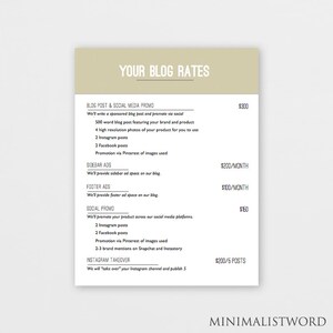 May include: A beige and white graphic with the text "Your Blog Rates" at the top. The graphic lists different blog post and social media promotion packages with their corresponding prices. The packages include blog posts, sidebar ads, footer ads, social media promotion, and Instagram takeovers.