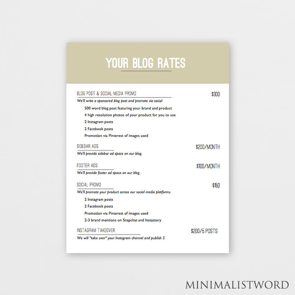 Media Kit Ad Rate Sheet - Tan Blog Rate Kit - MS Word *INSTANT DOWNLOAD ...
