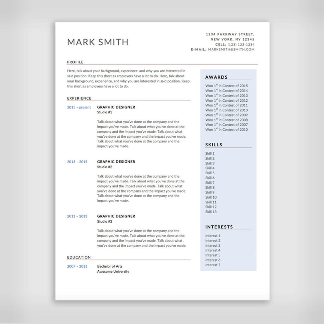 Resume Template With Blue Sidebar Microsoft Word Doc INSTANT - Etsy