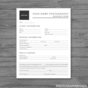 Client Booking Form Template- Photography Forms, Business Contract Booking Client Form, Photographer Photoshop Template PSD INSTANT DOWNLOAD