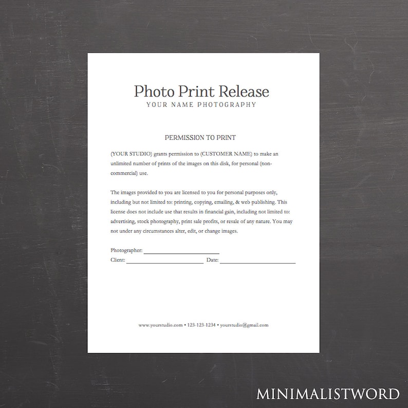 Photo Print Release Form Photography Template For Etsy