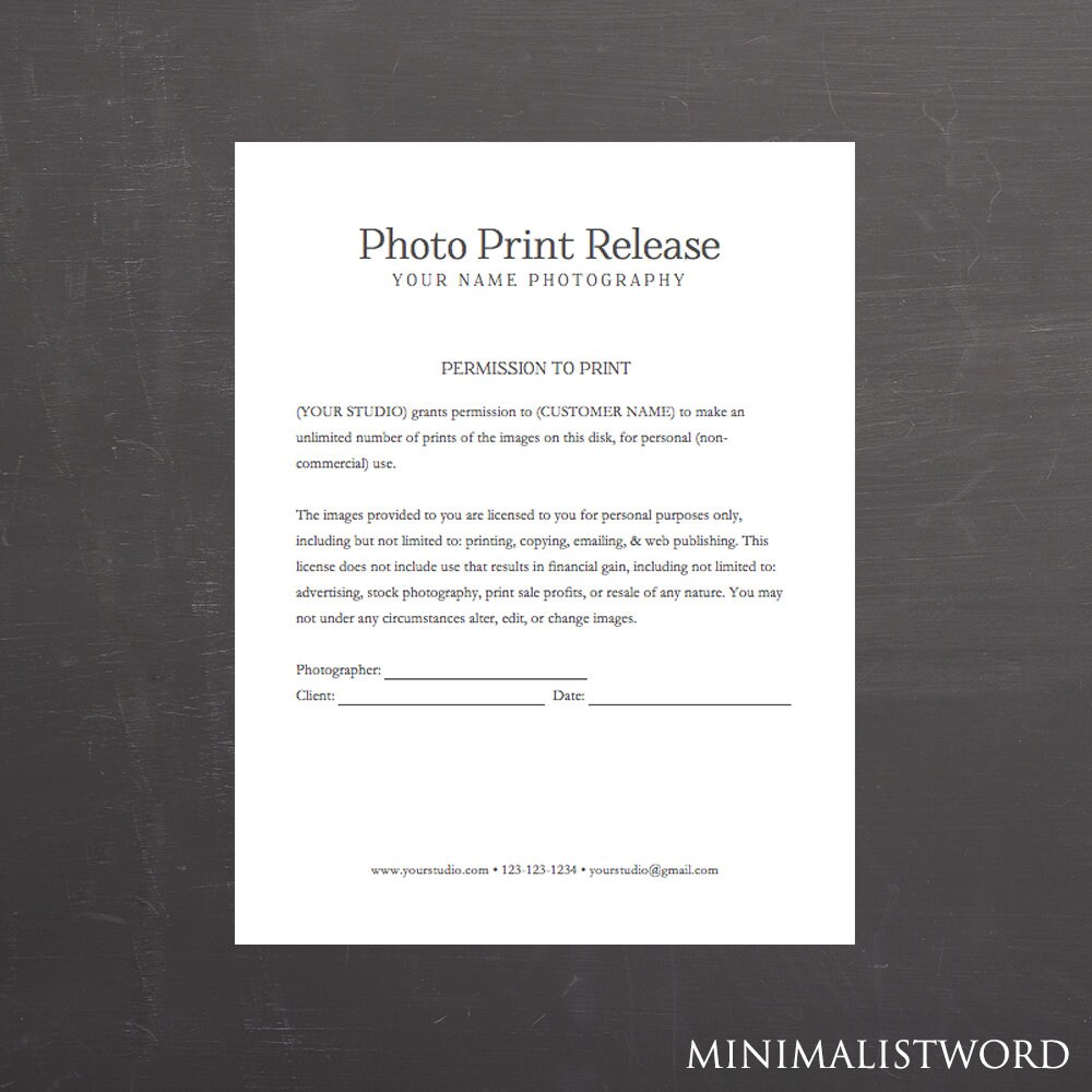 Photo Print Release Form Photography Template For Etsy Australia
