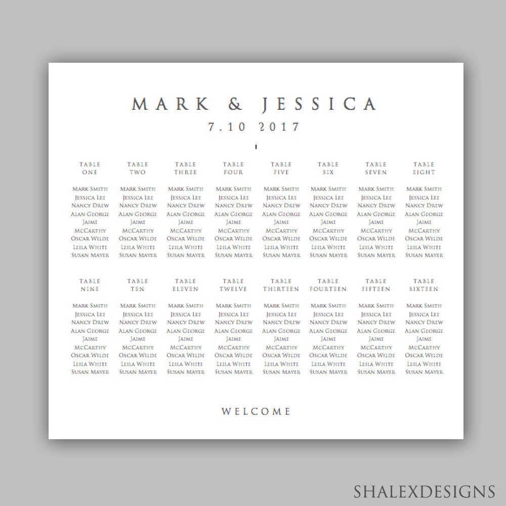 Elegant Wedding Seating Chart Template 20 Tables - Seat Chart Template,  Wedding Table Chart, Microsoft Word DOC 20" x 20" *INSTANT DOWNLOAD* For Wedding Seating Chart Template Word