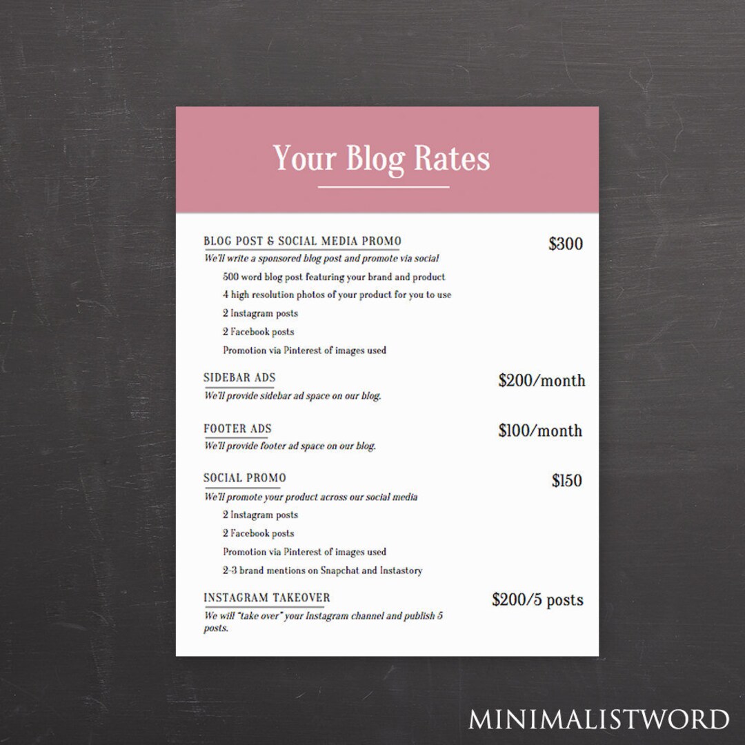 Media Kit Ad Rate Sheet - Pink Blog Rate Kit - MS Word *INSTANT ...