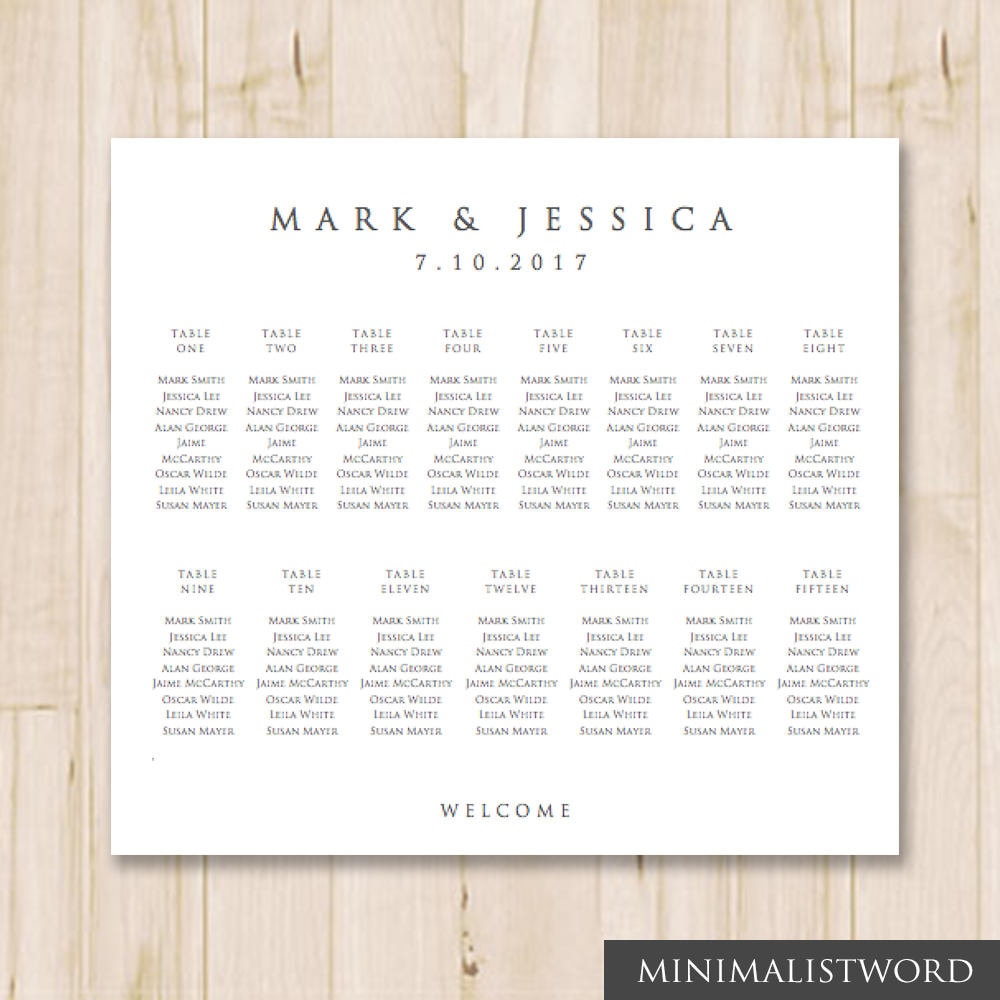 15 Tables - Wedding Seating Chart Template - Seat Chart Template, Wedding Table Chart - Microsoft Word DOC 24" x 20" *INSTANT DOWNLOAD*
