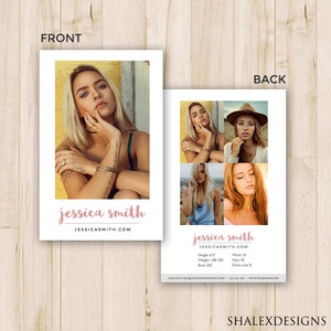 May include: A model's comp card with a collage of photos on the back. The front of the card features a photo of the model with the text "jessica smith" and "jessicasmith.com". The back of the card includes the model's name, height, weight, bust, waist, hips, and dress size.