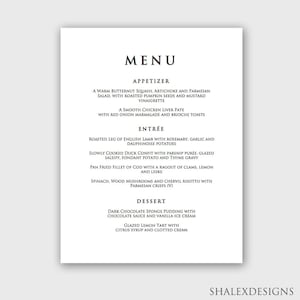 Wedding Menu Template - Minimal Modern Menu - Microsoft Word Doc *INSTANT DOWNLOAD*