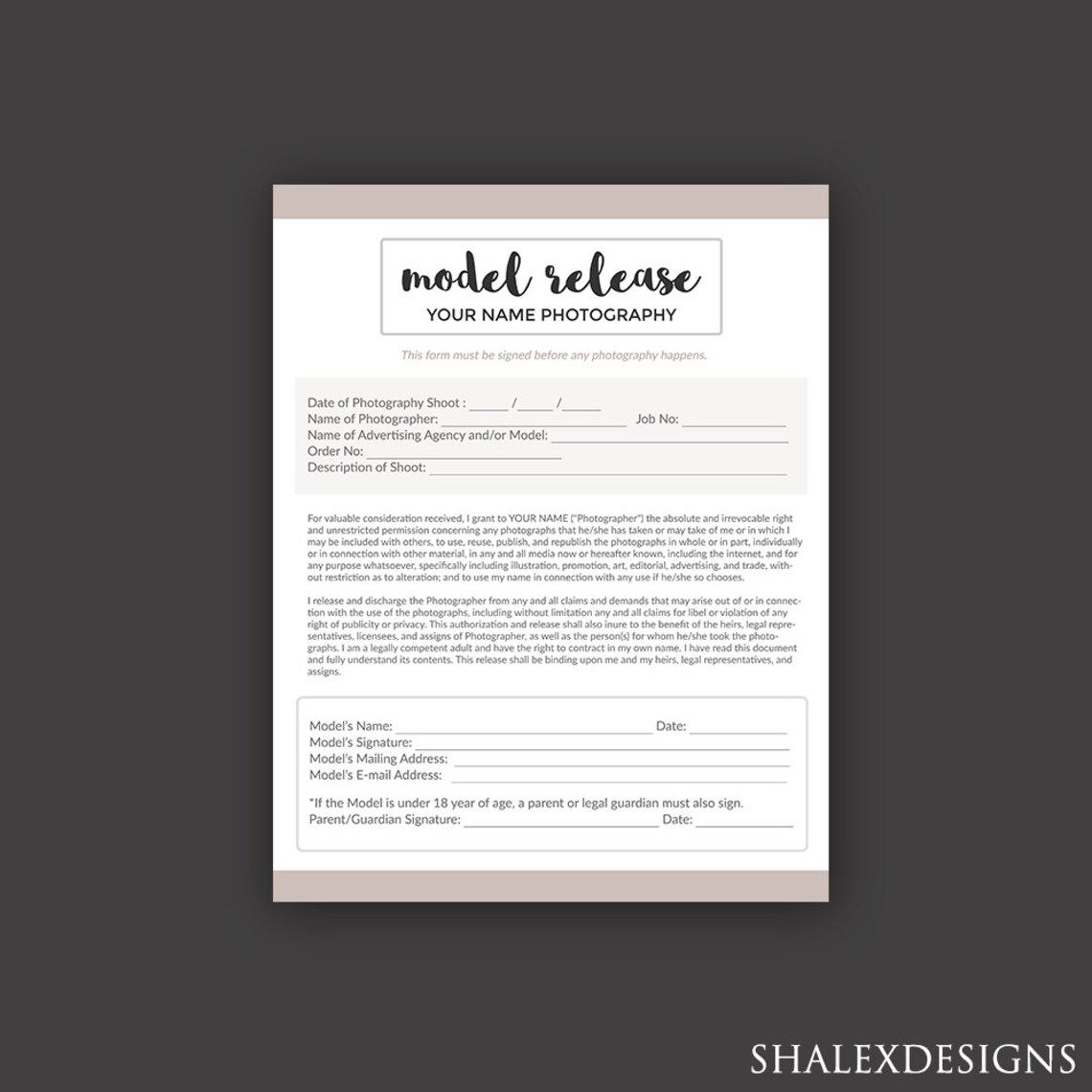 Photography Model Release Forms - Photoshop Template for Photographers ...